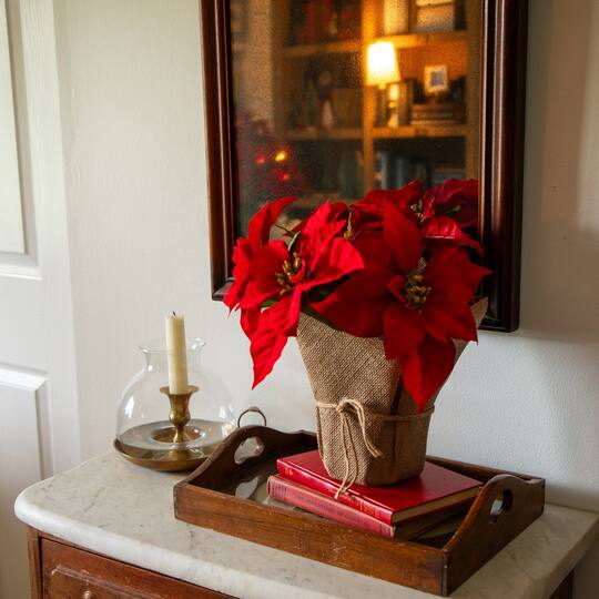 Nearly Natural 13" Red Artificial Velvet Poinsettia in Burlap Planter